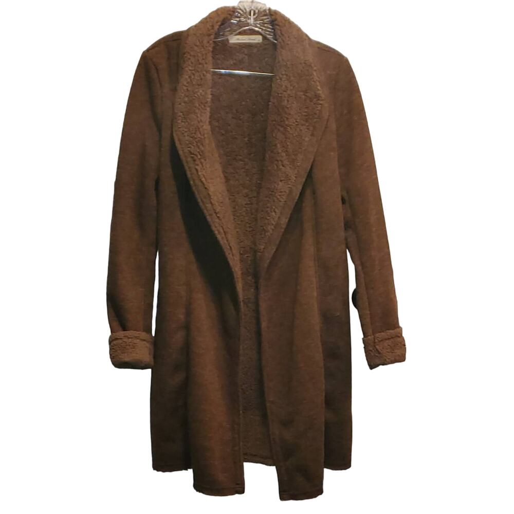 Michael Farrell Brown Gray Heather Open Front Sherpa Lined Cozy Sweater medium